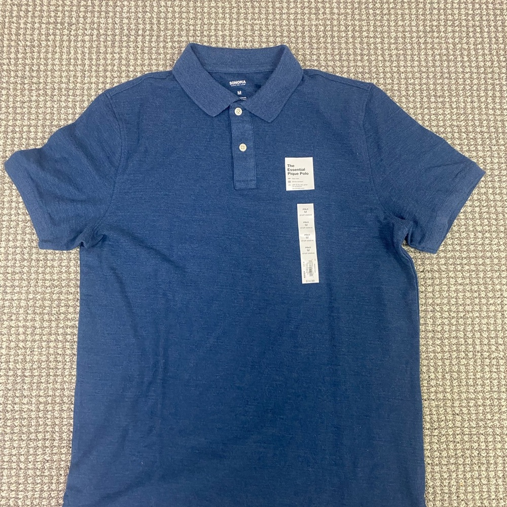 NWT Sonoma Men's Dark Blue Polo Shirt with Two-Button Placket
